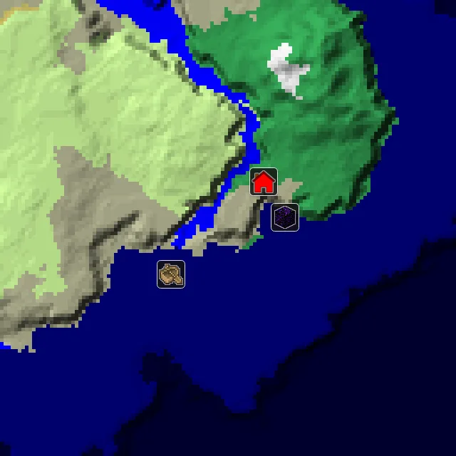 Overworld biome map of seed 1051095788243632 around spawn, with the shipwreck and ruined portal marked