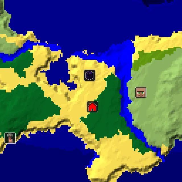 Overworld biome map of seed 1082896946764323 around spawn, with the shipwreck and ruined portal marked