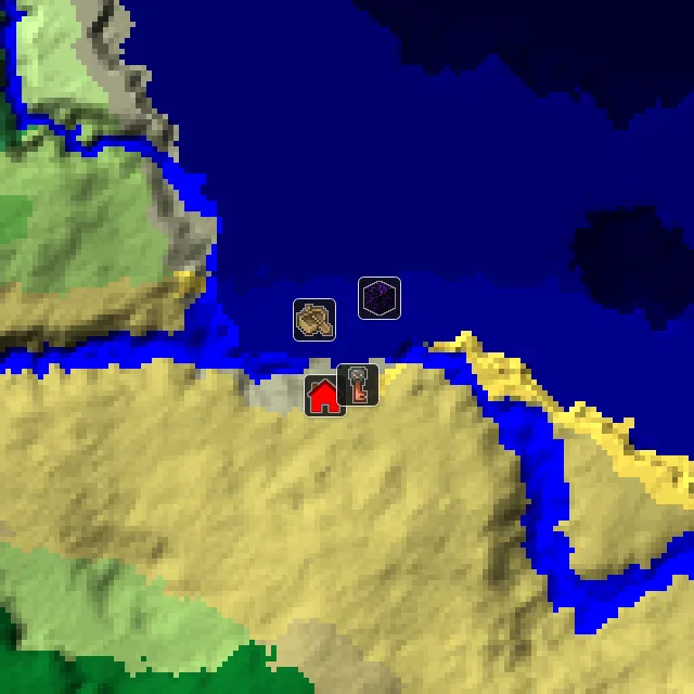 Overworld biome map of seed 2448406442251098 around spawn, with the shipwreck and ruined portal marked