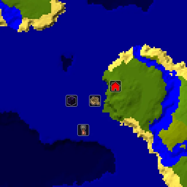 Overworld biome map of seed 414063881200145 around spawn, with the shipwreck and ruined portal marked