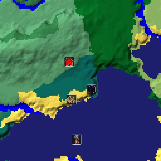 Overworld biome map of seed 5241123102710509 around spawn, with the shipwreck and ruined portal marked
