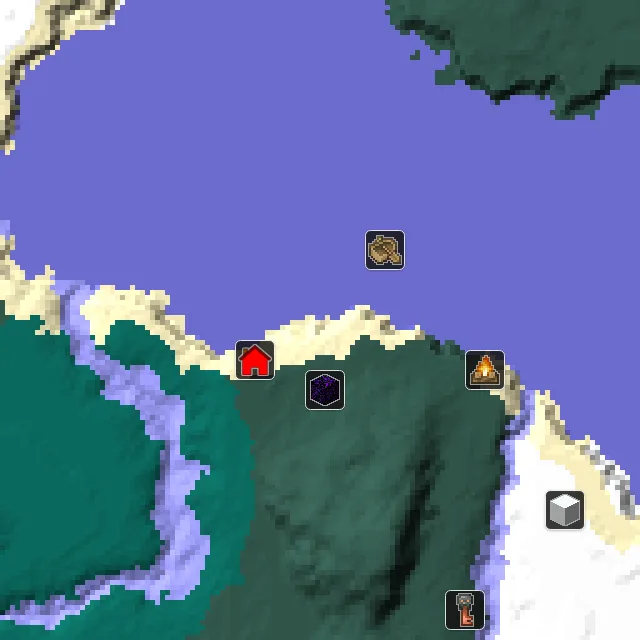 Overworld biome map of seed 995761043997515 around spawn, with the shipwreck and ruined portal marked