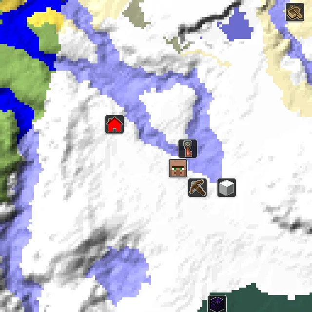 Overworld biome map of seed 1200234783139842 around spawn, with the village and outpost marked