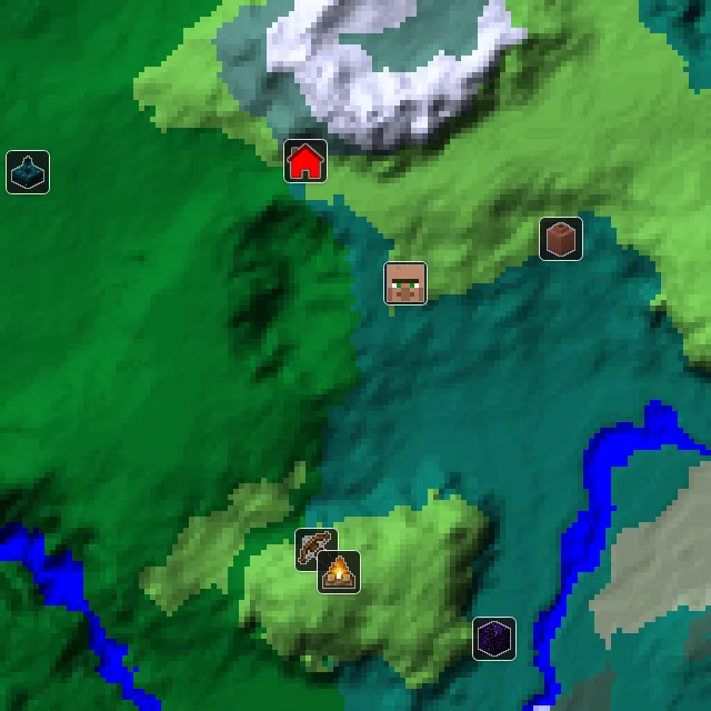 Overworld biome map of seed 1570268533025805 around spawn, with the village and outpost marked