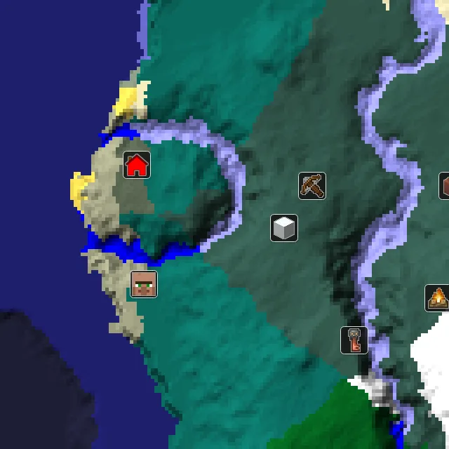 Overworld biome map of seed 1890242822032182 around spawn, with the village and outpost marked