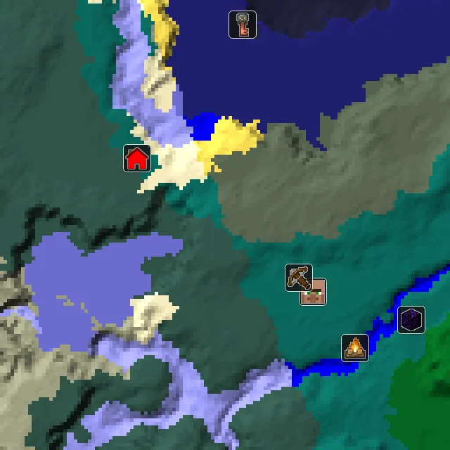 Overworld biome map of seed 204514232944984 around spawn, with the village and outpost marked