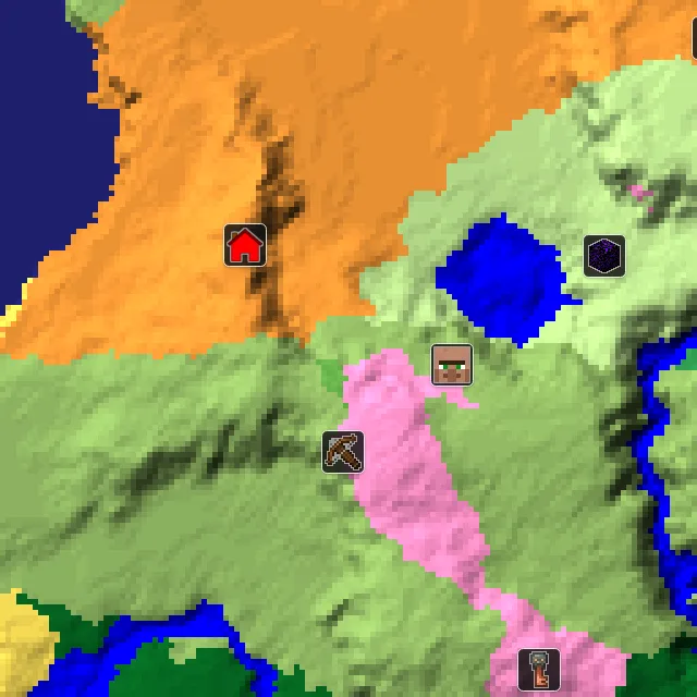 Overworld biome map of seed 2839179415808255 around spawn, with the village and outpost marked