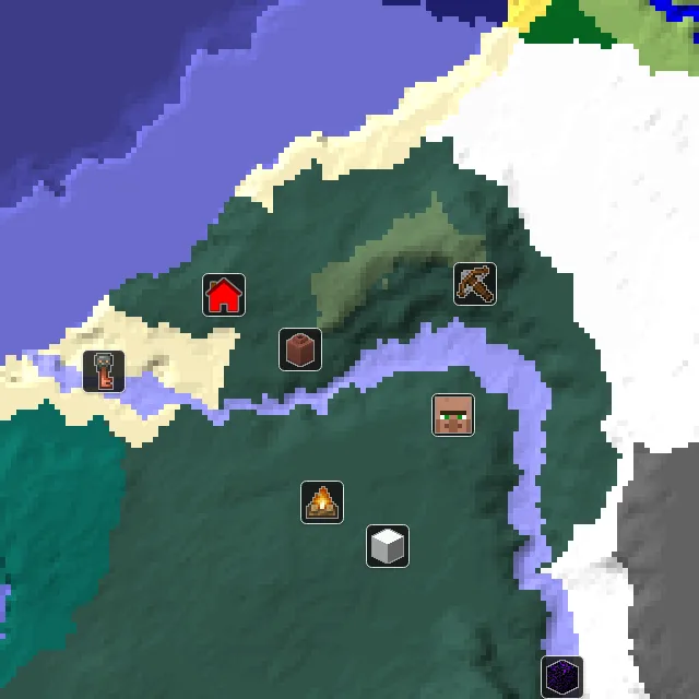 Overworld biome map of seed 4149404525600564 around spawn, with the village and outpost marked