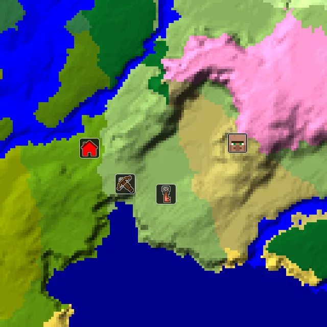 Overworld biome map of seed 575849853297263 around spawn, with the village and outpost marked