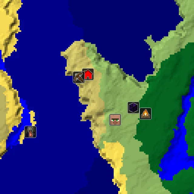 Overworld biome map of seed 973518391604318 around spawn, with the village and outpost marked