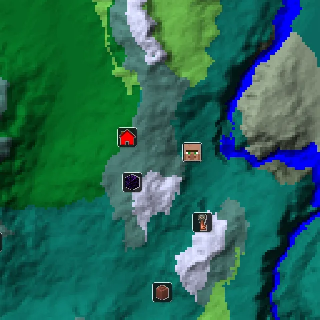 Overworld biome map of seed 132551125780576 around spawn, with the village and ruined portal marked