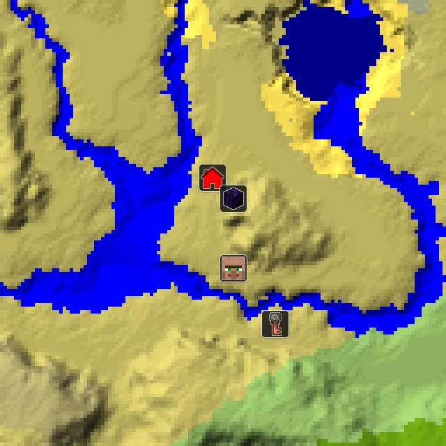 Overworld biome map of seed 1558102962084255 around spawn, with the village and ruined portal marked