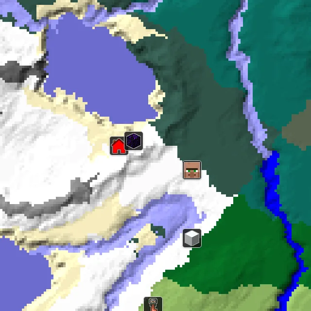 Overworld biome map of seed 168026475458704 around spawn, with the village and ruined portal marked