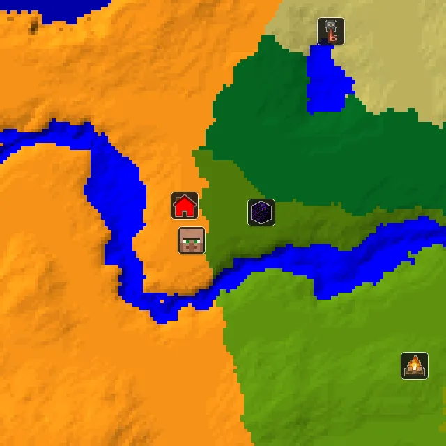 Overworld biome map of seed 22410985390936 around spawn, with the village and ruined portal marked