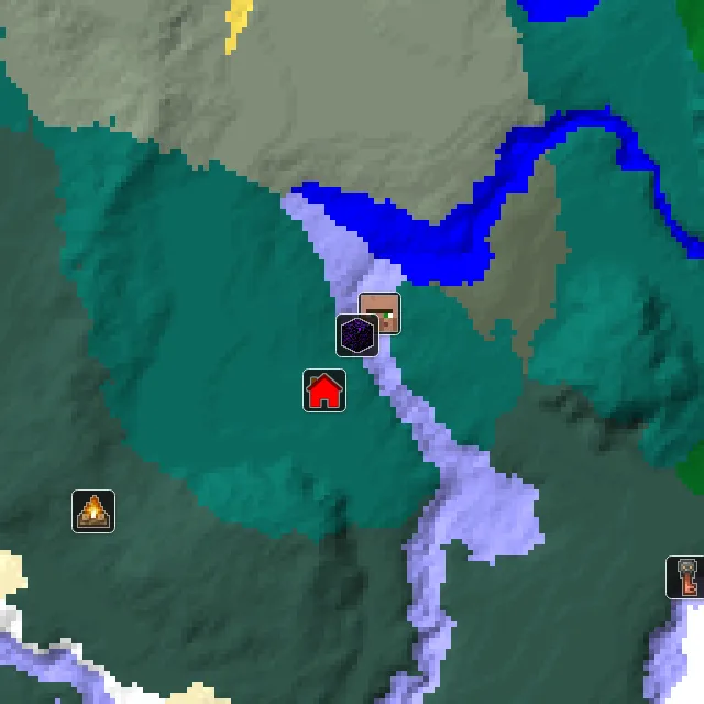 Overworld biome map of seed 584538501884875 around spawn, with the village and ruined portal marked