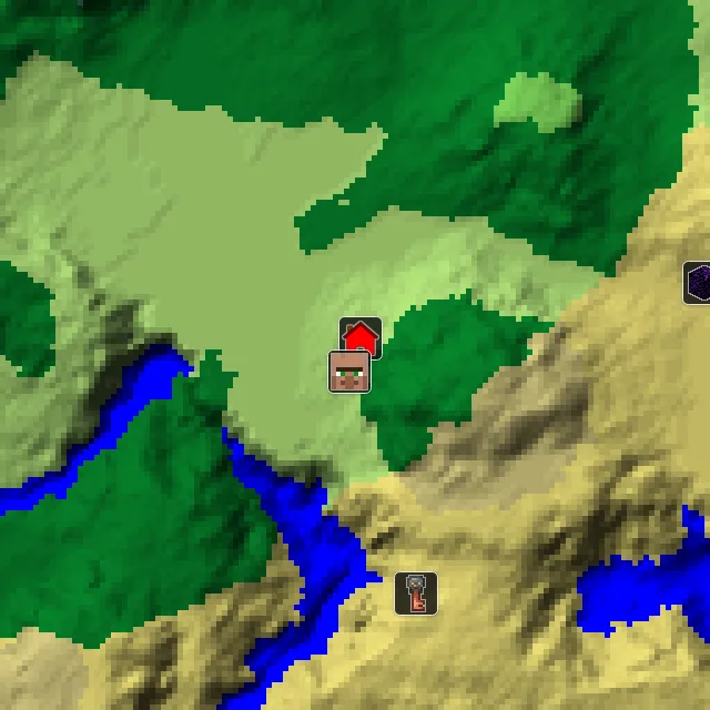 Overworld biome map of seed 1137312592097531 around spawn, with the village marked