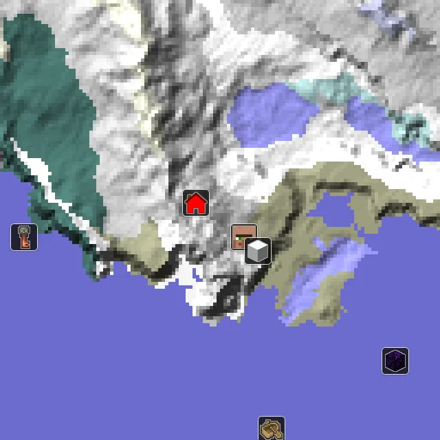 Overworld biome map of seed 320403186700126 around spawn, with the village marked