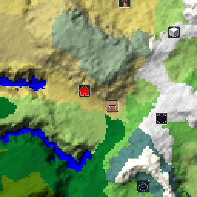 Overworld biome map of seed 321853121127570 around spawn, with the village marked