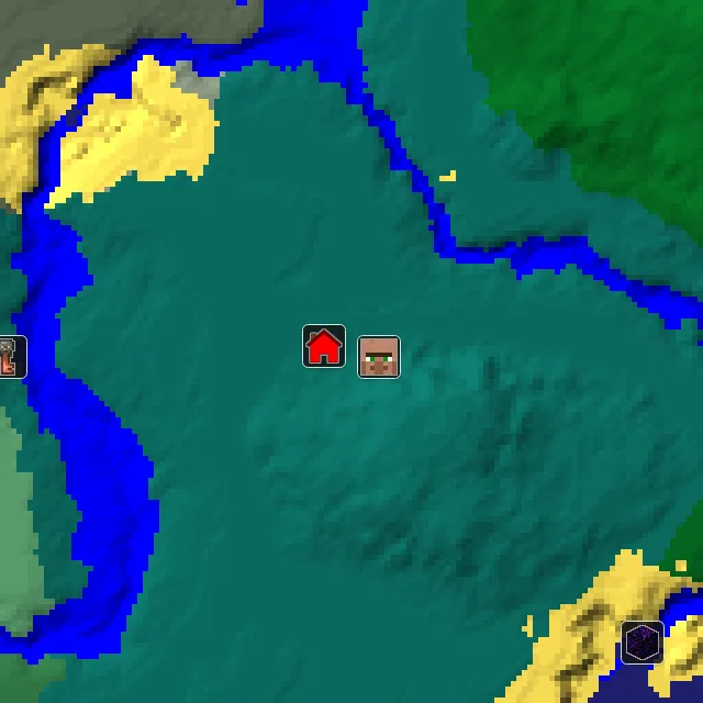 Overworld biome map of seed 324940539639018 around spawn, with the village marked