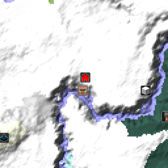 Overworld biome map of seed 370164483494212 around spawn, with the village marked