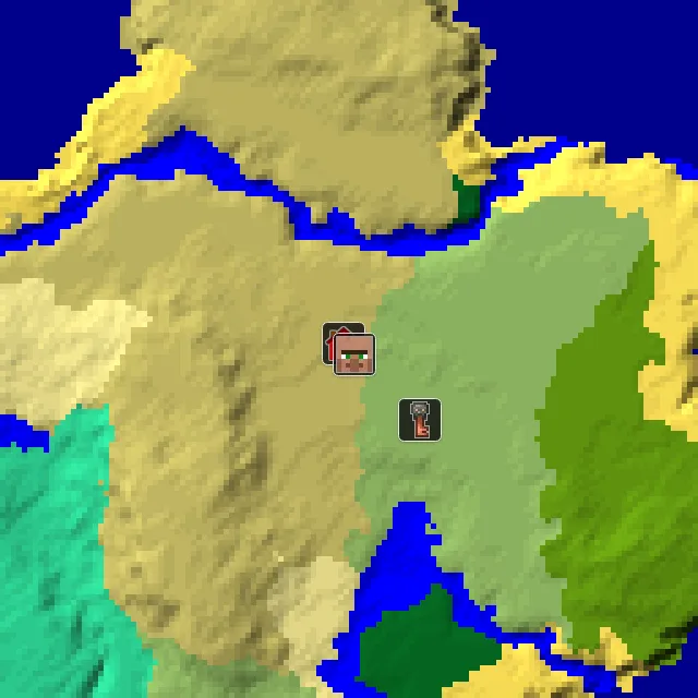 Overworld biome map of seed 587158004766189 around spawn, with the village marked