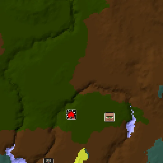 Overworld biome map of seed 1334884267754254 around spawn at Y 0, with the village and lush caves marked