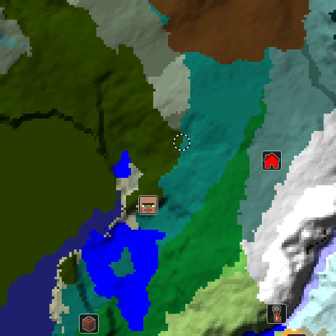 Overworld biome map of seed 1883176006483971 around spawn at Y 0, with the village and lush caves marked