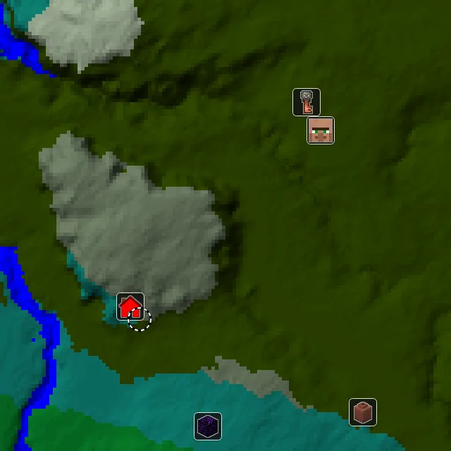 Overworld biome map of seed 1995714695454289 around spawn at Y 0, with the village and lush caves marked