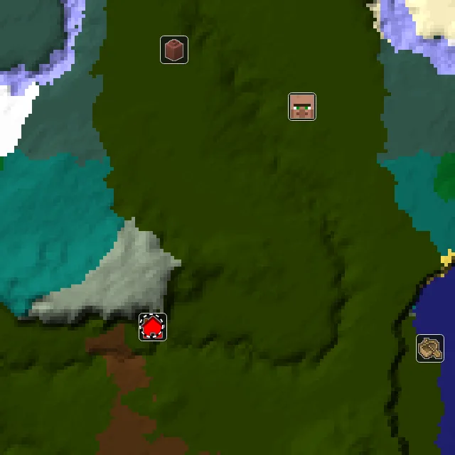 Overworld biome map of seed 317095135649885 around spawn at Y 0, with the village and lush caves marked