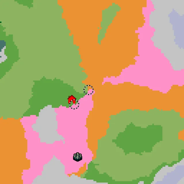 Overworld biome map of seed -1844727049180781334 around spawn, with the dappled forest and cherry grove marked