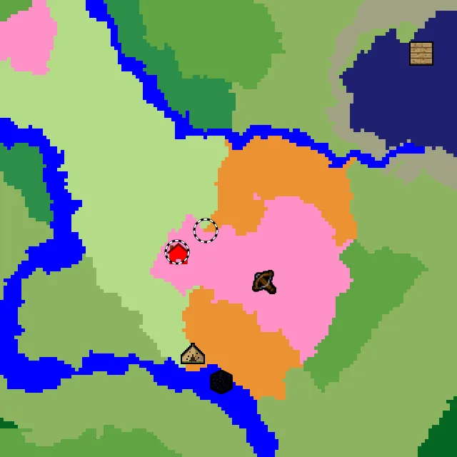 Overworld biome map of seed -2453593619936133549 around spawn, with the dappled forest and cherry grove marked