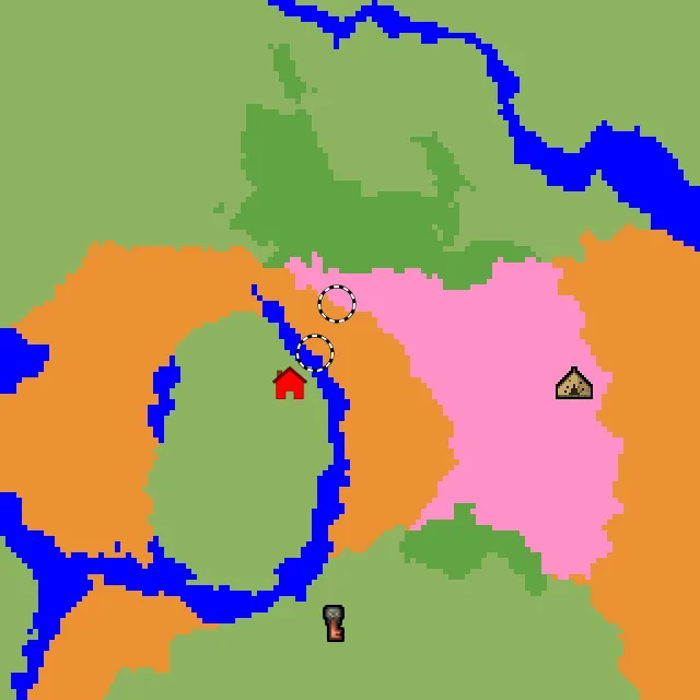 Overworld biome map of seed -2620425120371619106 around spawn, with the dappled forest and cherry grove marked