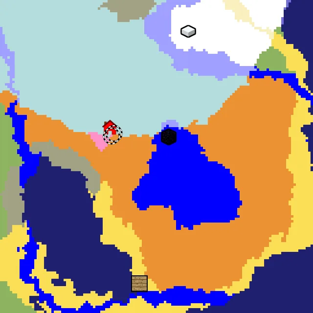 Overworld biome map of seed 5644549899075441559 around spawn, with the dappled forest and cherry grove marked