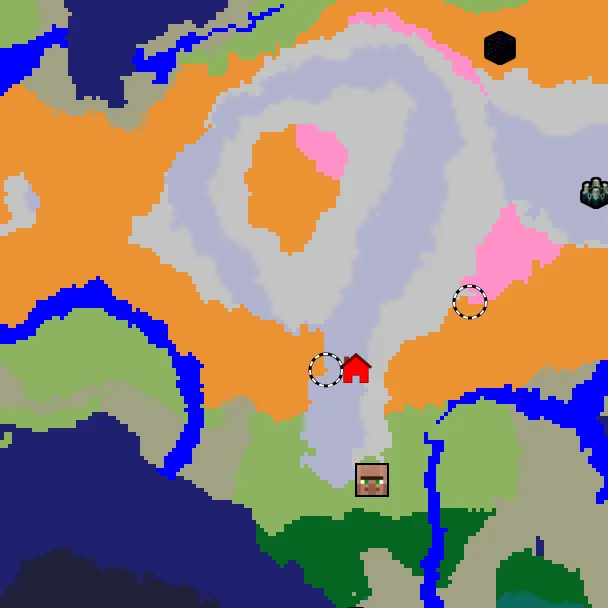 Overworld biome map of seed 5751028428224877539 around spawn, with the dappled forest and cherry grove marked
