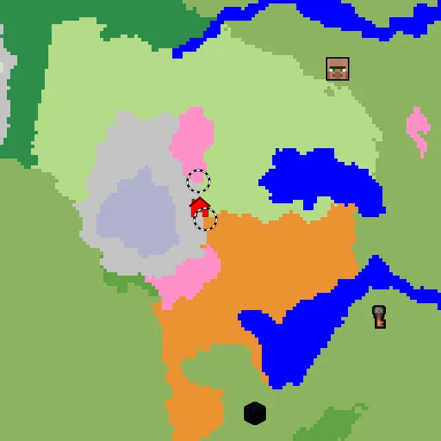 Overworld biome map of seed 8371336556850631860 around spawn, with the dappled forest and cherry grove marked