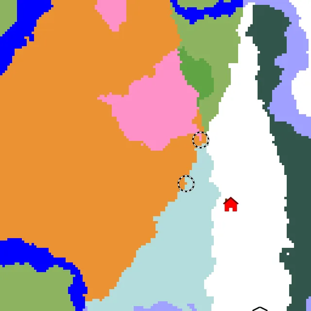 Overworld biome map of seed 8836161433560293335 around spawn, with the dappled forest and cherry grove marked