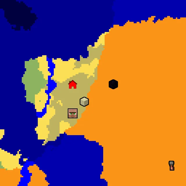 Overworld biome map of seed 24408329189616865 around spawn, with the desert pyramid and ruined portal marked