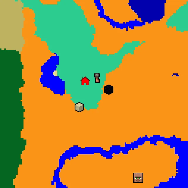 Overworld biome map of seed 27497328365495448 around spawn, with the desert pyramid and ruined portal marked