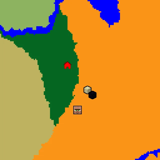 Overworld biome map of seed 28462718234064871 around spawn, with the desert pyramid and ruined portal marked