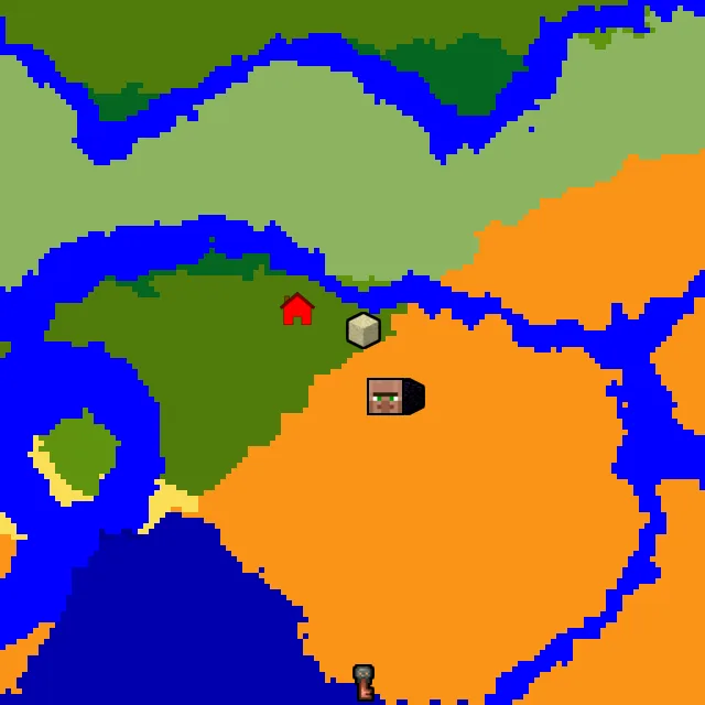 Overworld biome map of seed 3035361386383305 around spawn, with the desert pyramid and ruined portal marked