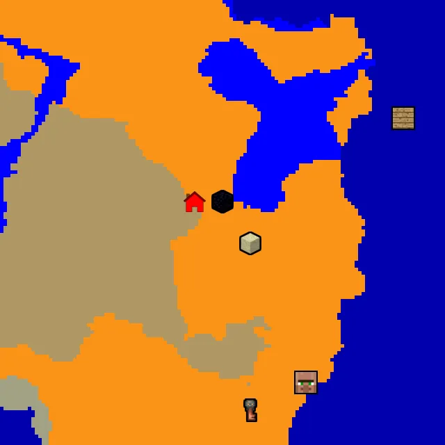 Overworld biome map of seed 45172820309726508 around spawn, with the desert pyramid and ruined portal marked