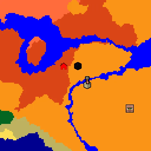 Overworld biome map of seed 5081662123751150 around spawn, with the desert pyramid and ruined portal marked