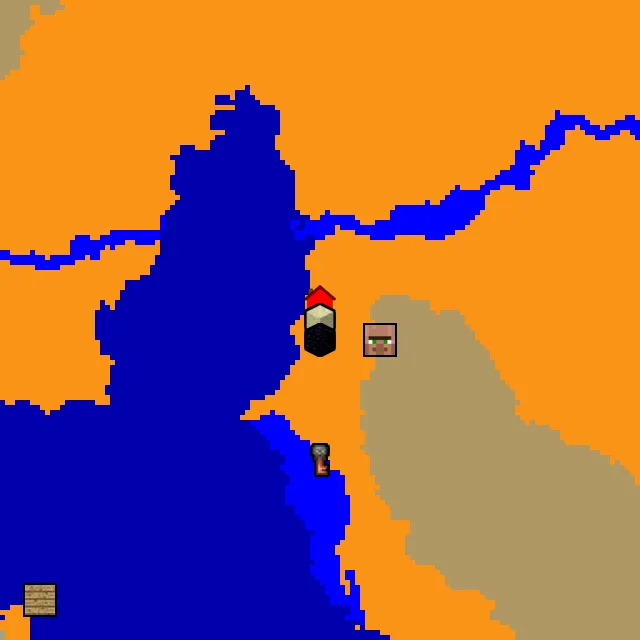Overworld biome map of seed 635482260673531 around spawn, with the desert pyramid and ruined portal marked