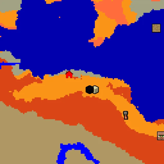 Overworld biome map of seed 6952294005753424 around spawn, with the desert pyramid and ruined portal marked