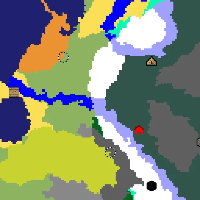 Overworld biome map of seed 13534325829278682 around spawn at Y 0, with the abandoned camp and sulfur caves and dappled forest marked