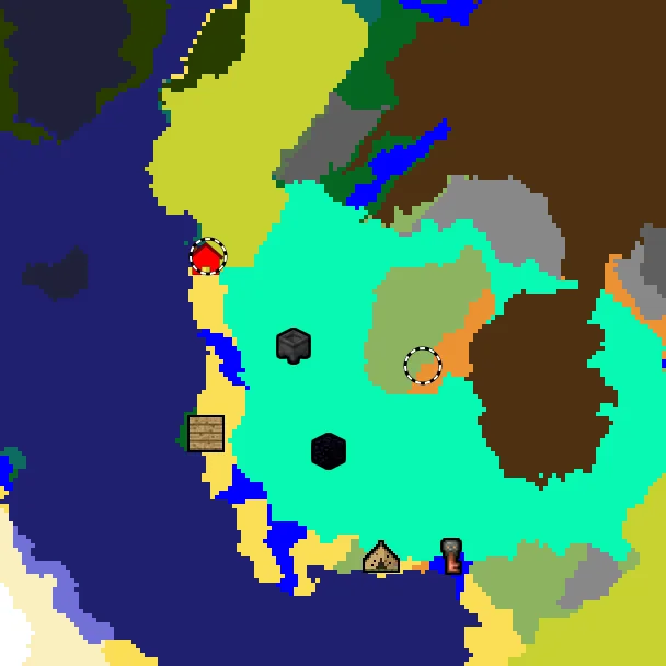 Overworld biome map of seed 18649700352874035 around spawn at Y 0, with the abandoned camp and sulfur caves and dappled forest marked