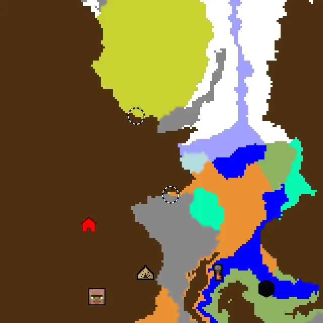 Overworld biome map of seed 21455372195588619 around spawn at Y 0, with the abandoned camp and sulfur caves and dappled forest marked