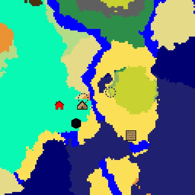 Overworld biome map of seed 353826866681393 around spawn at Y 0, with the abandoned camp and sulfur caves and dappled forest marked