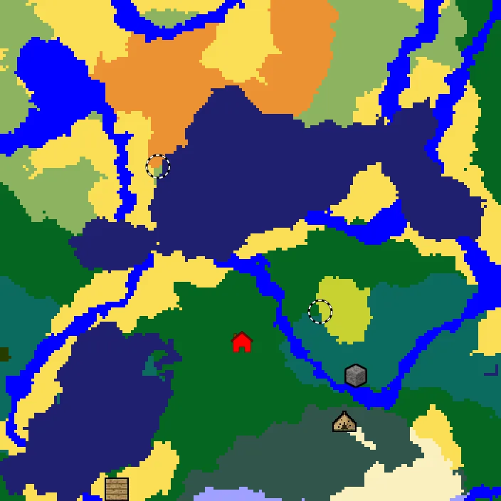 Overworld biome map of seed 36661500743853332 around spawn at Y 0, with the abandoned camp and sulfur caves and dappled forest marked