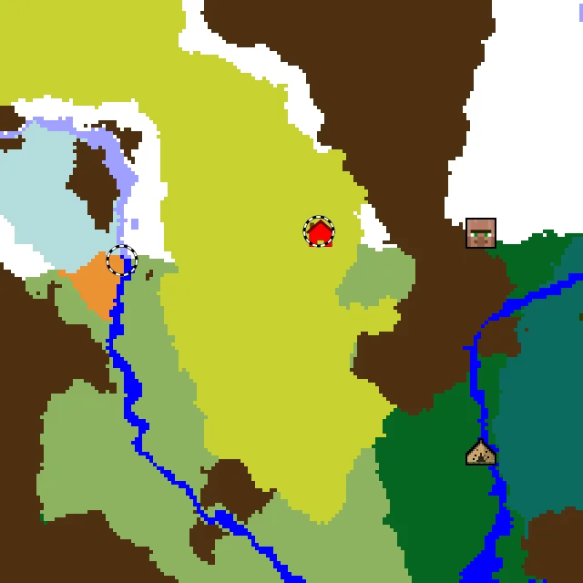 Overworld biome map of seed 6499846892361195 around spawn at Y 0, with the abandoned camp and sulfur caves and dappled forest marked